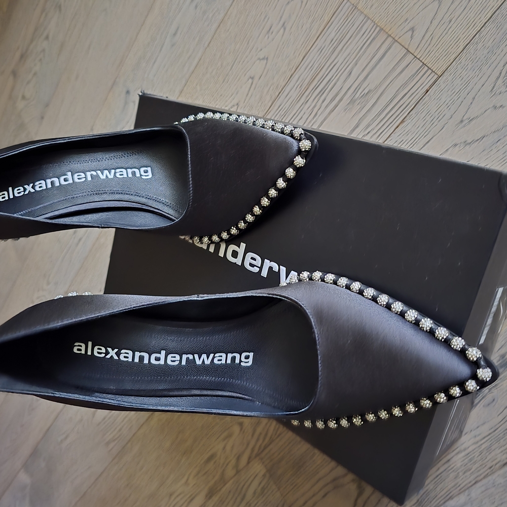 Alexander Wang Black Satin Heels with Silver Crystal Accents - Picture 3 of 6